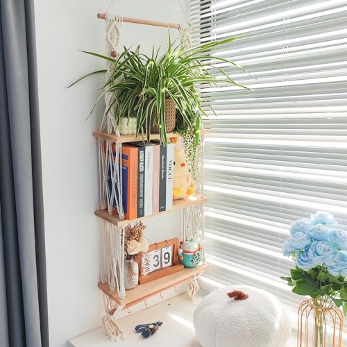 TENEWEE Macrame Floating Hanging Wall Shelf Boho Decor with Hooks | Handmade Cotton, Large Storage, Plant & Book Display, Bedroom, Living Room, Bath, Kitchen, Dorm, Vanity, Entryway - size: 3tier shelves