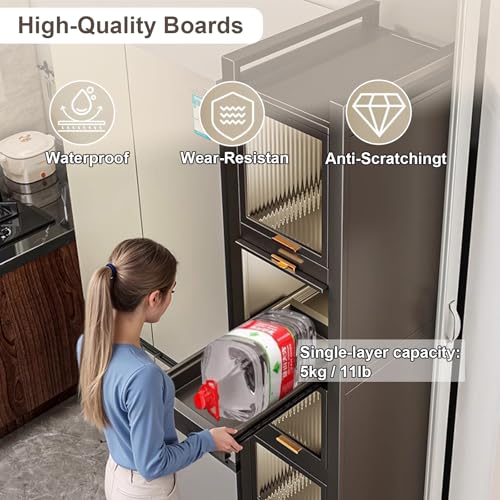 Rolling Spice Rack Next to Fridge Slim, Freestanding Narrow Tall Sideboard Shelf, with Transparent Flap Door Design, Pull Out Cabinet Organizer for Small Space Kitchen Space Saving (Grey, 5T-16cm) - size: 5T-16cm