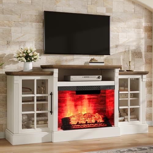 AMERLIFE 70" Farmhouse Fireplace TV Stand for TVs up to 80", Media Console with Storage Cabinets & Adjustable Shelves, Entertainment Center with 28" Electric Fireplace for Living Room, White/Barnwood - color: White, size: 70"