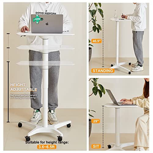 47" Mobile Standing Desk(26" W*19.3" D), Adjustable Height Laptop Desk, Pneumatic Desk with Gas Spring Riser, Podium for Home, Office，Classroom，Medical, (29" to 46.9" H) (White)