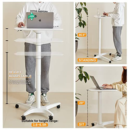 47" Mobile Standing Desk(26" W*19.3" D), Adjustable Height Laptop Desk, Pneumatic Desk with Gas Spring Riser, Podium for Home, Office，Classroom，Medical, (29" to 46.9" H) (White)