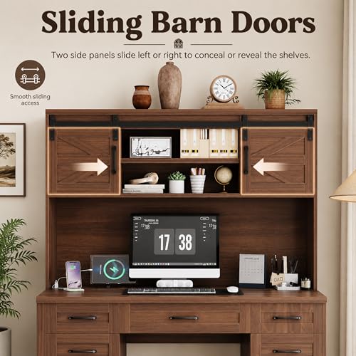 61" Farmhouse Executive Desk with Hutch & Charging Station, Wooden Computer Desk with 2 Sliding Barn Doors, 5 Drawers & Storage Cabinet with Adjustable Shelf for Home Office, Bedroom (Walnut-01) - color: Walnut-01