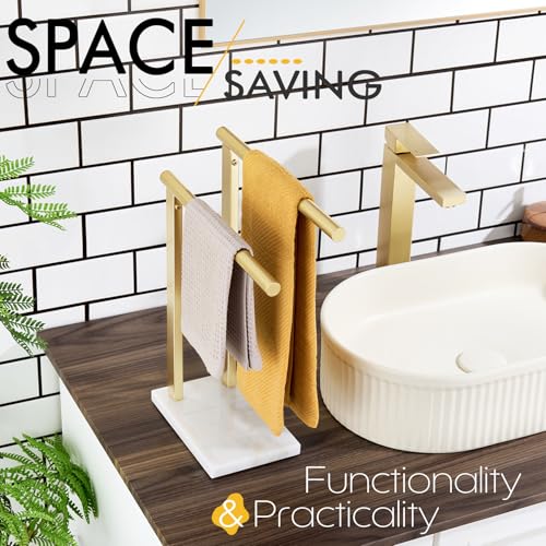 KOKOSIRI Hand Towel Rack Standing Towel Rails 2-Tier with Marble Base for Bathroom Vanity Countertop, Brushed Gold Stainless Steel 15.7'' Height THS0007-BG - color: Brushed Gold, size: 2-Bar