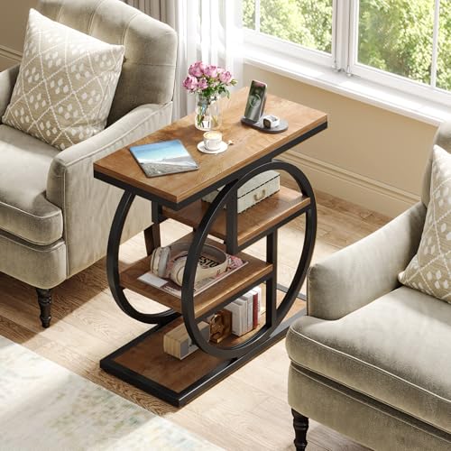 Tribesigns End Table for Living Room, 4-Tier Narrow Side Table with Storage Shelves, Industrial Bedside Table for Bedroom, Wood Small Sofa Side Table with Geometric Metal Frame (1 PC, Natural Brown) - color: Natural Brown
