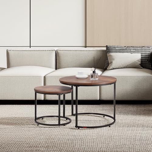VEVOR Nesting Tables, Coffee Table Set of 2, 23.6 inch Round Coffee Table, Small Coffee Tables Night Stand with Metal Frame, for Living Room, Bedroom, Office (Brown & Black) - color: Brown