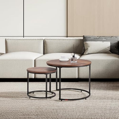 VEVOR Nesting Tables, Coffee Table Set of 2, 23.6 inch Round Coffee Table, Small Coffee Tables Night Stand with Metal Frame, for Living Room, Bedroom, Office (Brown & Black) - color: Brown