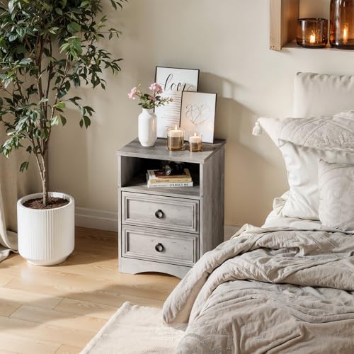 LGHM Set of 2 Nightstand, Large Night Stand with 2 Drawers, 17.7" W Accent Bed Side Table and End Table with Large Open Compartment for Bedroom, Living Room,Gray
