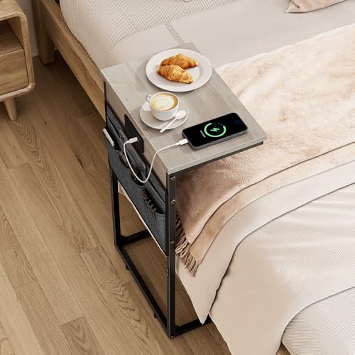 C Shaped End Table with Charging Station, 28" Tall Couch Side Table, Sofa Table Beside Table, Slide Under Sofa Arm C Table for Small Spaces, TV Tray Table for Living Room, Bedroom, Gray - color: Grey
