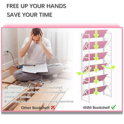 4NM 6 Tiers No Assembly Book Shelves, 61.8" H Folding Bookshelf Bookcase Open Industrial Foldable Shelves for Bedroom, Living Room, Home Office - Pink White - color: Pink White, size: XX 6-Tier