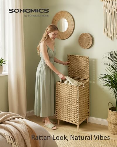 SONGMICS Laundry Hamper with Lid, 25 Gal (95L) PE Rattan Laundry Basket with Removable Washable Liners, for Bedroom & Living Room, Goose Yellow ULCB221YE01 - color: Goose Yellow, size: 95 L (1 Basket）