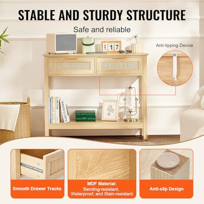 VEVOR Rattan Console Table with 2 Storage Drawers, Rattan Entryway Table with Natural Rattan Sliding Door, Console Sofa Table for Living Room, Study, Entryway Or TV Wall, Natural - size: 2 Drawers-Rectangular