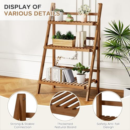 39.4" Bamboo Ladder Shelf Plant Shelf, 3 Tier Foldable Ladder Flower Pot Display Shelf Rack, 23.6"W x 15"D x 39.4"H, Freestanding Bookshelf for Garden, Balcony, Yard, Patio, Lawn, Living Room, Walnut - color: 3-tier Walnut