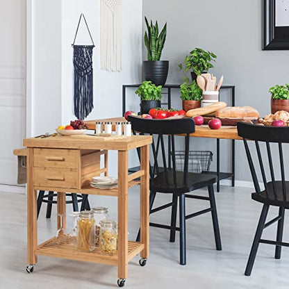 Bamboo Kitchen Island on Wheels, Lockable Rolling Kitchen Cart with 2 Storage Drawers & Open Shelf, Wood Utility Butcher Block Island with Towel Rack