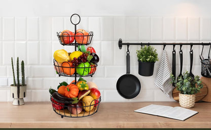 HANZE 3-Tier Farmhouse Fruit Basket Stand, Wire Fruit Vegetables Countertop Storage Rack, Multifunctional Detachable Bread Snack Holder Bowl for Kitchen and Bathroom Organization - Black - color: 3-Tier(Black)