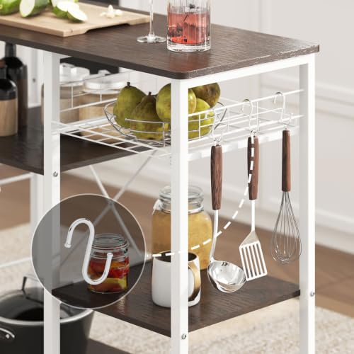 soges 3-Tier Kitchen Baker's Rack, Compact Microwave Stand, Walnut Black | Space-saving for Apartments, Kitchen, Pantry, Living Room, Sliding Storage Basket, 5 Hooks, Sturdy X-Frame, Easy Assembly - color: Walnut Black