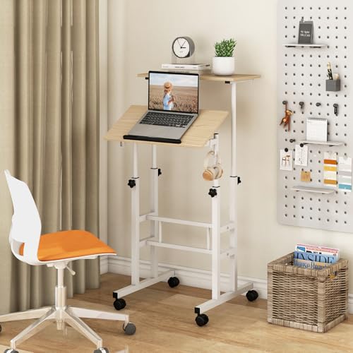 Tangkula Mobile Standing Desk, Height-Adjustable Laptop Podium Cart with Tilting Tabletop & Adjustable Angle, Rolling Stand Up Computer Desk with 2 Hanging Hooks & Lockable Casters for Home Office - color: Natural