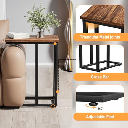 VECELO Universal C-Shaped Side Table, Multi-Functional Snack & TV Tray for Living Room, Bedroom, Brown (2 Set) - color: Brown, size: 2 Set