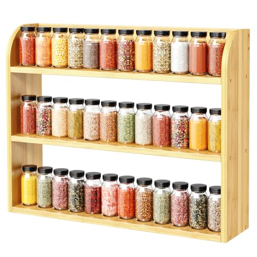 ROMGUAR CRAFT 3 Tier Long Bamboo Spice Rack, Countertop or Wall Mounting Wood Spice Jars Organizer Shelf for Kitche, Pantry (Natural) - color: Natural, size: 3 Tier(Long)