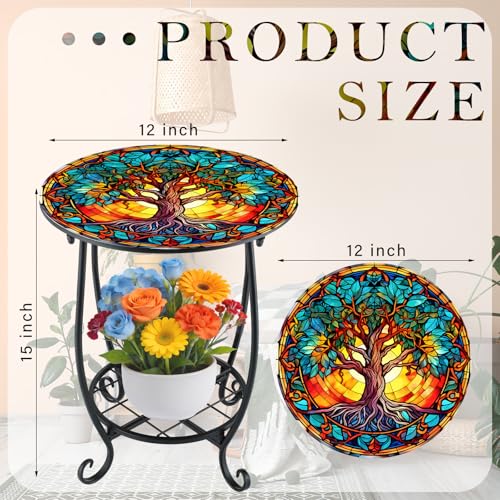 Cinnvoice Outdoor Side Table Round Small Mosaic Patio Accent Indoor End Plant Coffee Tea Table for Yard Patio Porch Garden Living Room, Bedroom(Tree of Life Style,12 Inch) - size: 12 Inch, style: Tree of Life Style