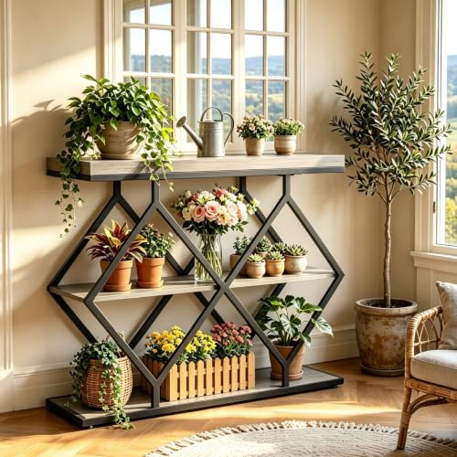 Garvee 3 Tier Console Table,39" Industrial Entryway Table,Open Wood Shelves | Sofa Table,Narrow Wood Accent Tables with Metal Frame for Hallway,Living Room,Behind Couch,Foyer,Entrance,Gray - color: Gray + Diamond-shaped