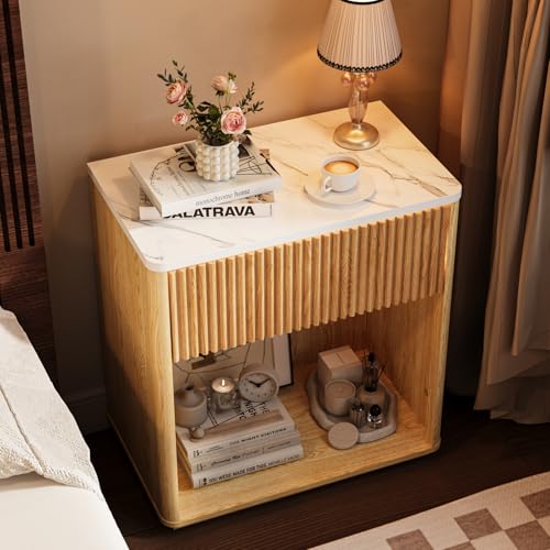 Modern Fluted Nightstand Set of 2 for Bedroom, Mid Century Bedside Table Set with Marble Top & Drawer, Wood End Table, 2 Farmhouse Night Stands for Guest Room, Hallway, Oak - color: Oak