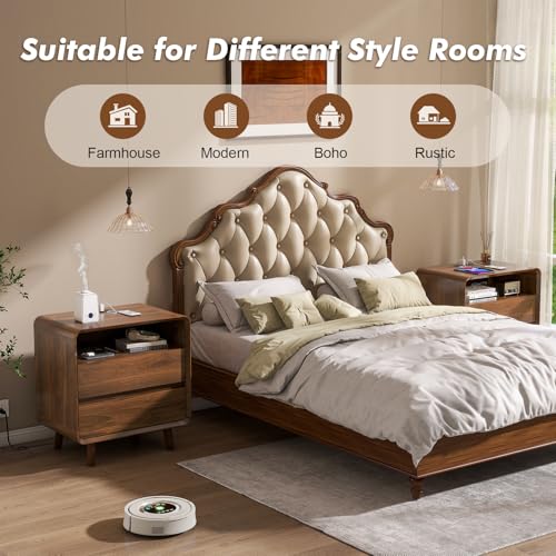 Nasonet Mid Century Modern Nightstand with Charging Station, Wood Bedroom End Tables Nightstands with Drawers, Curved Bedside Table for Living Room, Bedroom, Walnut - color: Walnut, size: 2 Drawers