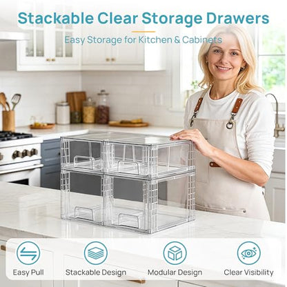 Vtopmart Clear Stackable Storage Drawers, 4 Pack Kitchen Cabinet Set | Medium and Small Pull-Out PET Drawers with Stackable Design for Kitchen Cabinets, Pantry, Under Sink, Medicine - style: 2 Medium+2 Small