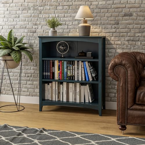 Camaflexi Shaker Style 3 Shelf Bookcase/Solid Wood / 36" High/Adjustable Shelving/Closed Back/Display Bookshelf for Living Room, Bedroom, Home and Office, Deep Ocean Blue - color: Deep Ocean Blue, size: 36"