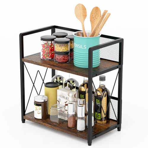 Aduanbang Coffee Bar Accessories Organizer, Seasoning Organizer, 2 Tier Wooden Kitchen Counter Shelf, Coffee Organizer Station for Countertop, Coffee Condiment Rack for Mugs, Cups, Cream, Syrup - color: iron net + Brown