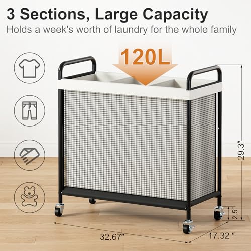 WOWLIVE Laundry Hamper 3 Section, 120L Rolling Laundry Basket with wheels and Removable Liner Bag, Laundry Sorter with Metal Handle, Large Clothes Hamper for Laundry Room, Bathroom and Dorm, Beige - size: 3-Section