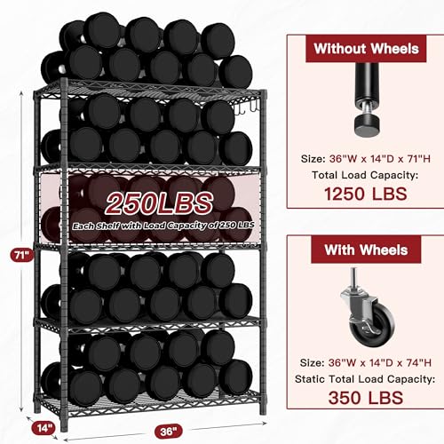 PrimeZone 74''H Wire Shelving 1250lbs 5 Tier Storage Shelves with Wheels NSF Certified Heavy Duty Steel Metal Shelf Adjustable Rolling Rack Kitchen Garage Closet Pantry Laundry 74''HX36''WX14''D 2PCS - size: 36" W x 14" D x 74" H