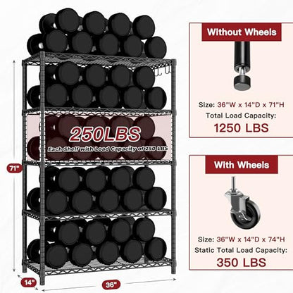 PrimeZone 74''H Wire Shelving 1250lbs 5 Tier Storage Shelves with Wheels NSF Certified Heavy Duty Steel Metal Shelf Adjustable Rolling Rack Kitchen Garage Closet Pantry Laundry 74''HX36''WX14''D 2PCS - size: 36" W x 14" D x 74" H
