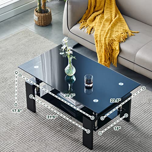 Btrpily Living Room Rectangle Coffee Table, Tea Table Suitable for Waiting Room, Modern Side Coffee Table with Wooden Leg, Glass Tabletop with Lower Shelf, 39.5D x 23.5W x 17.5H in, Black - color: Black