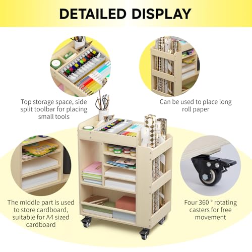 lukar Wooden Art Cart Organizer with Wheels, 3-Tier Rolling Art Activity Cart for Kids, Kids Art and Craft Storage Cabinet, Multi-Functional DIY Utility Carts for Classroom, Nursery, Bedroom