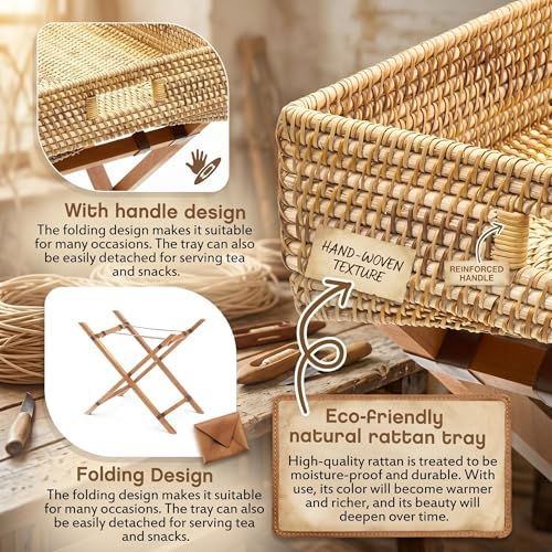 BreezeHug Rattan Side Table with Removable Tray, Foldable TV Tray Table for Couch, Small Space Snack Tables for Living Room, Balcony & Bedroom, Lightweight Wooden Stand
