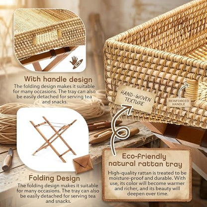 BreezeHug Rattan Side Table with Removable Tray, Foldable TV Tray Table for Couch, Small Space Snack Tables for Living Room, Balcony & Bedroom, Lightweight Wooden Stand