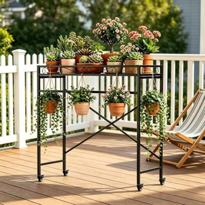 Zhongma 1 Tier Window Height Sturdy Metal Plant Stand with Wheels, 40.5x16x40.4 in High, Heavy Duty Succulent Shelf for Home Indoor and Outdoor, 220 LBS Capacity & Heavy Duty Construction - color: 1 Tier 40.5x16x40.4 Inch High