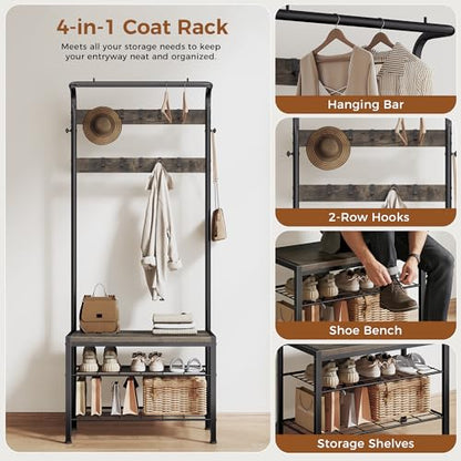 NEWBULIG Coat Rack, Hall Tree with Shoe Bench, 4-in-1 Entryway Organizer with 10 Hooks and Storage Shelf, Rustic Wood Entryway Bench for Mudroom, Living Room, Bedroom, Grey - color: Deep Grey