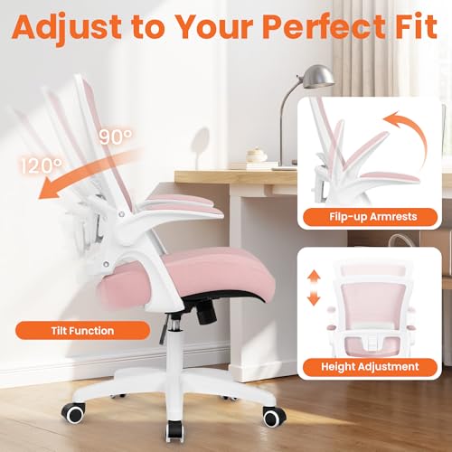 NEO Chair Office Desk Gaming Chair Computer High Back Mesh Seat with Rolling Wheels Ergonomic Adjustable Comfy Flip-up Armrests Lumbar Support Height for Home (Pink White Frame) - color: Pink