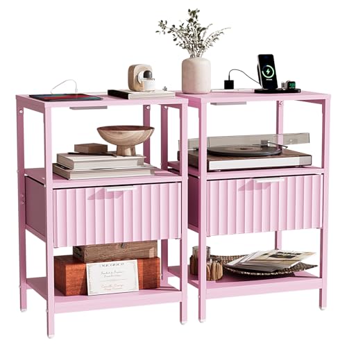 Bonnlo Fluted Nightstand Set of 2, Fabric Dresser with 2 Drawers and 1 Shelf, Bedside Table/End Table with Charging Station, Nightstand for Bedroom, Livingroom, College Dorm, Pink - color: Pink, size: 1 Drawer