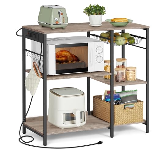 VASAGLE Baker's Rack, Coffee Bar Stand with Charging Station, 35.6 Inches Tall, Storage Shelves, Pull-Out Wire Basket, Table for Microwave, Kitchen, Heather Greige and Ink Black UKKS036K02 - color: Heather Greige + Ink Black, style: With Power Outlet
