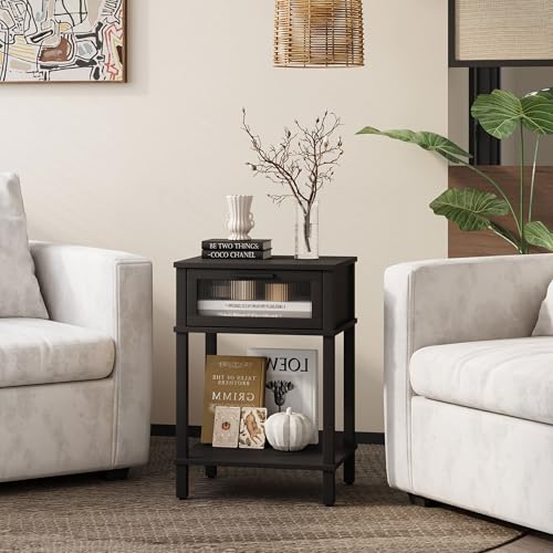 Nightstand Wooden Bedside Table with Drawer Black Night Stands Modern Style Small End Table Side Table with Storage Shelf for Bedroom Living Room MLBZ10B - color: Black