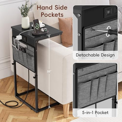 Vagusicc C Shaped End Table with Charging Station, Tall C Table End Table Adjustable Height Side Table for Couch, Small Couch Table Slide Under Sofa Table TV Tray Table for Living Room, Bedroom, Black - color: 1pc Black