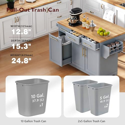 Kitchen Island with Trash Can Storage Cabinet and Power Outlet, Rolling Kitchen Cart on Wheels with Drop Leaf, Spice Rack, Towel Rack and Adjustable Shelf for Dining Room (60", Grey Blue) - color: Grey Blue