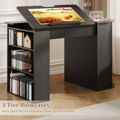 Drafting Table with Storage Cabinet & Drawers, Adjustable Drawing Table with Open Shelves, Crafting Table Art Desk for Home Office, Reading, Writing, Crafting, Painting (Black) - color: Black