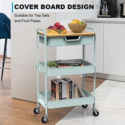 3 Tier Rolling Cart, Utility Cart with Drawer& Table Top, Mint Green | Metal Rolling Kitchen Storage Organizer Cart with Locking Wheels for Bathroom, Office, Balcony, Living Room, Classroom - color: Light Green