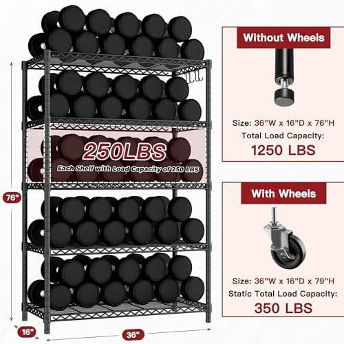 PrimeZone 36" W x 16" D x 79" H Wire Storage Shelves with Wheels, 5 Tier NSF Certified Heavy Duty Adjustable Kitchen Shelving Unit, Bakers Rack Organizer Rolling Metal Shelf for Garage Closet Pantry - size: 36"W x 16"D x 79"H