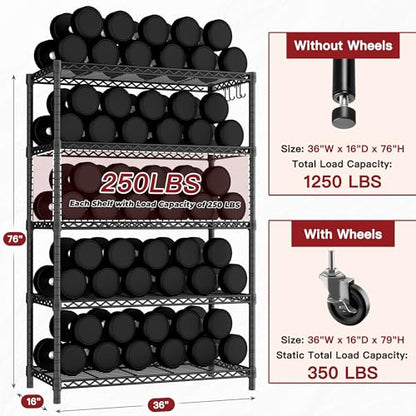PrimeZone 36" W x 16" D x 79" H Wire Storage Shelves with Wheels, 5 Tier NSF Certified Heavy Duty Adjustable Kitchen Shelving Unit, Bakers Rack Organizer Rolling Metal Shelf for Garage Closet Pantry - size: 36"W x 16"D x 79"H