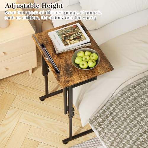 Adjustable Folding TV Tray Table,TV Dinner Small Foldable C-Shaped End Table for Eating,6 Height Adjustable Slide Under Couch Side with Sturdy MDF Top,No Assembly(Brown,2Pcs) - color: Brown, size: 2PCS