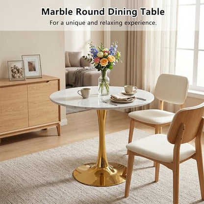 27.6" Marble Round Tulip Table, Mid-Century Modern Style Dining Table with Gold Pedestal Base for 2-4 People, Featuring A Marble Tabletop for Kitchen, Dining Room, Cafe (Light Grey) - color: Light Grey#gold
